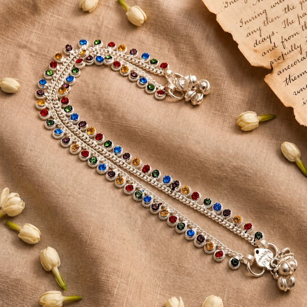 Multicolor Silver Plated Ad Cz Multi-Color Stones Traditional Indian Anklet For Women