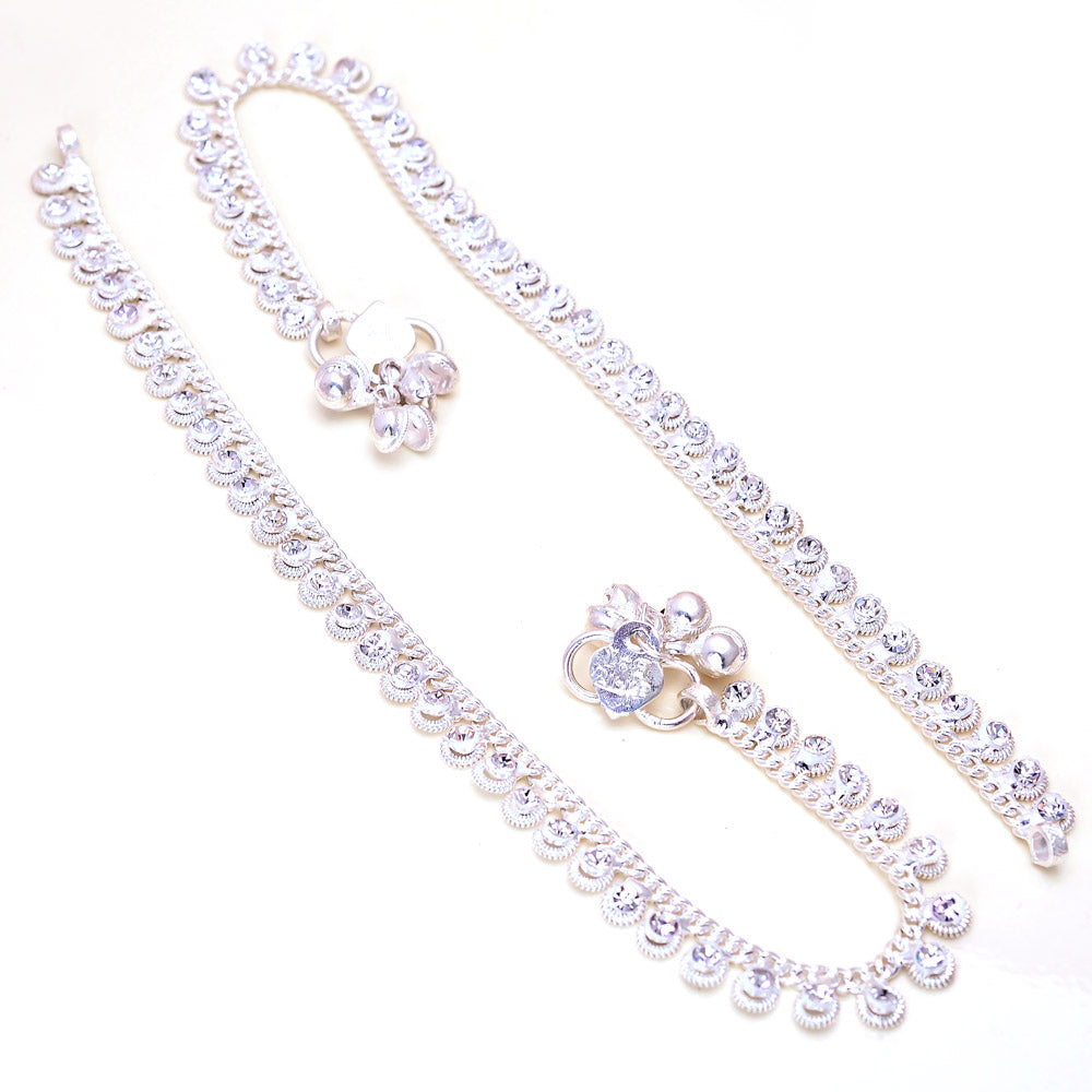 Silver Plated Ad Cz White Stones Traditional Indian Anklet