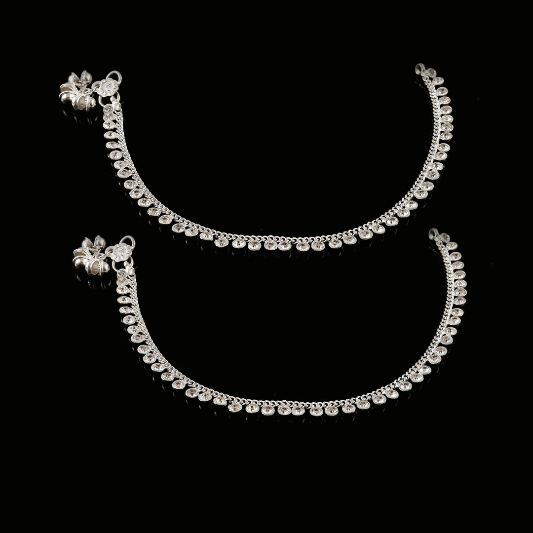 Silver Plated Ad Cz White Stones Traditional Indian Anklet