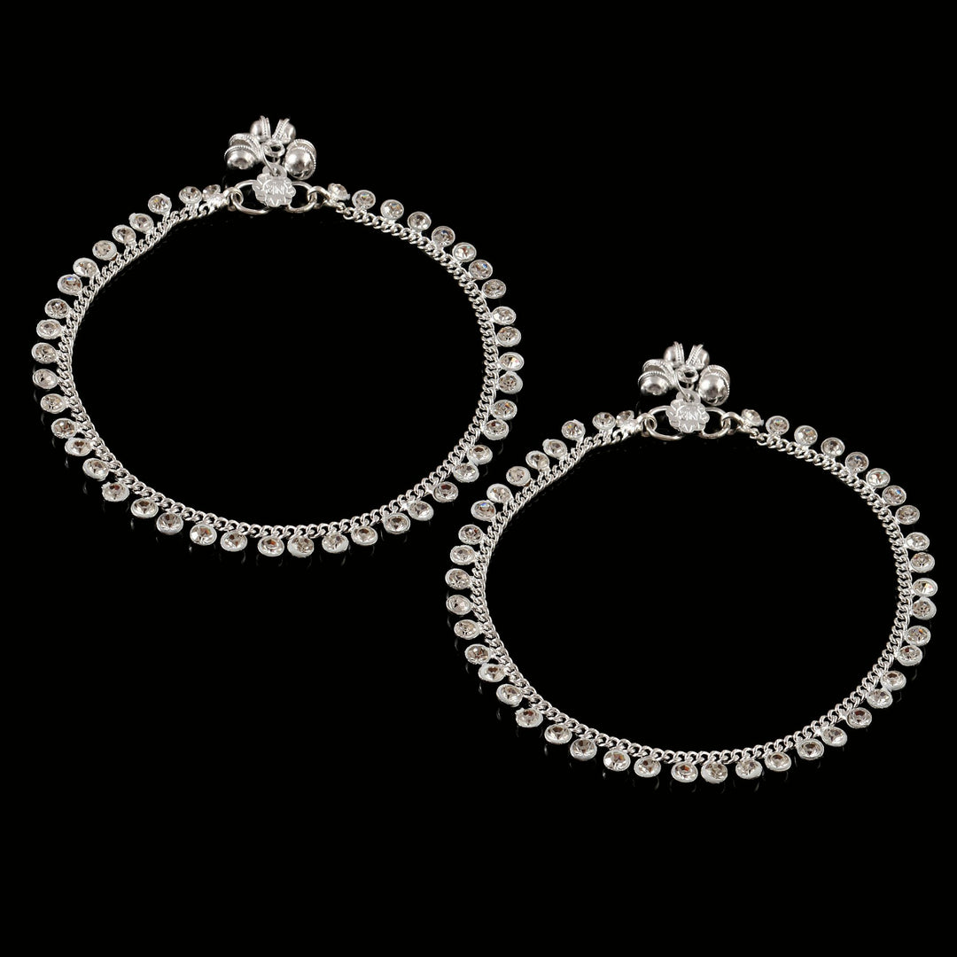 Silver Plated Ad Cz White Stones Traditional Indian Anklet