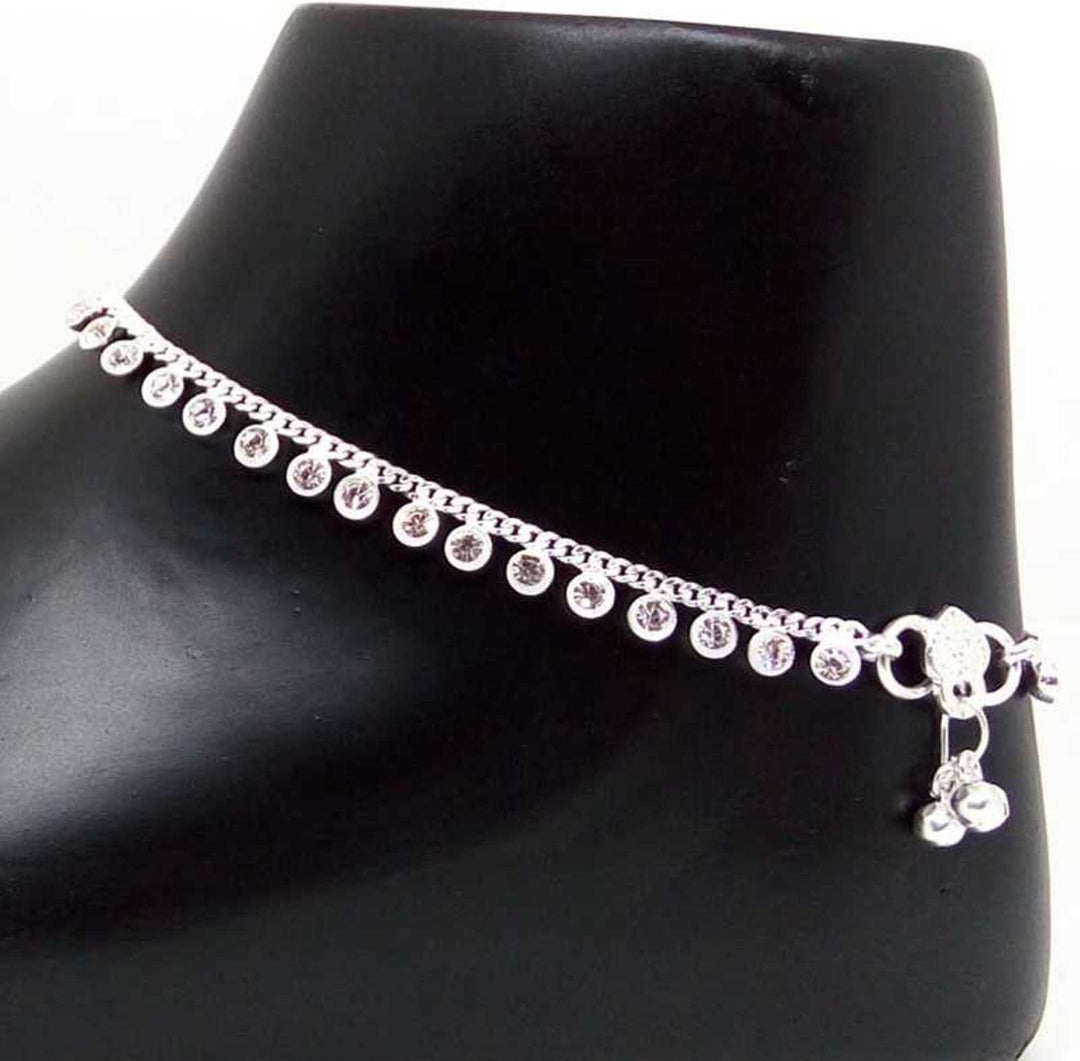 Silver Plated Ad Cz White Stones Traditional Indian Anklet