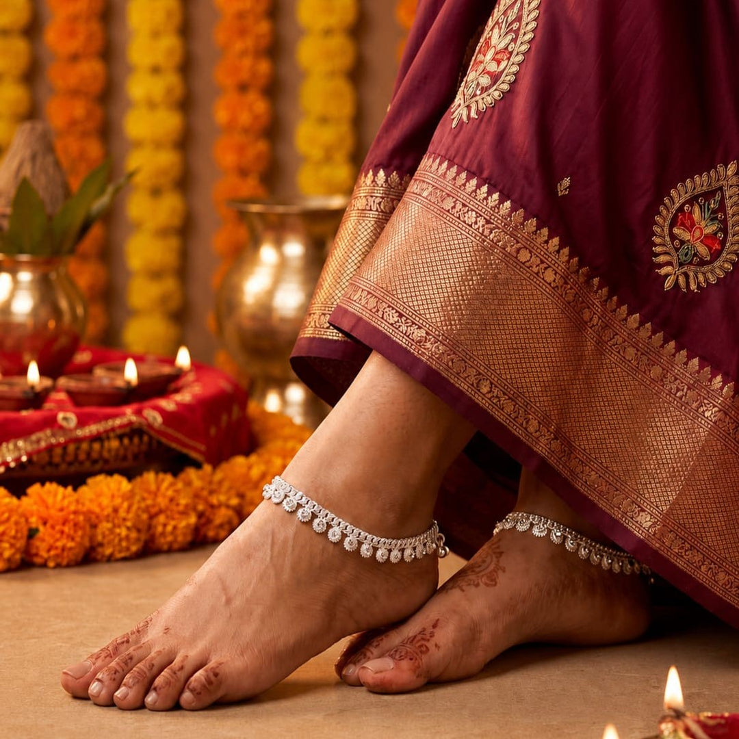 Silver Plated Ad Cz White Stones Traditional Indian Anklet