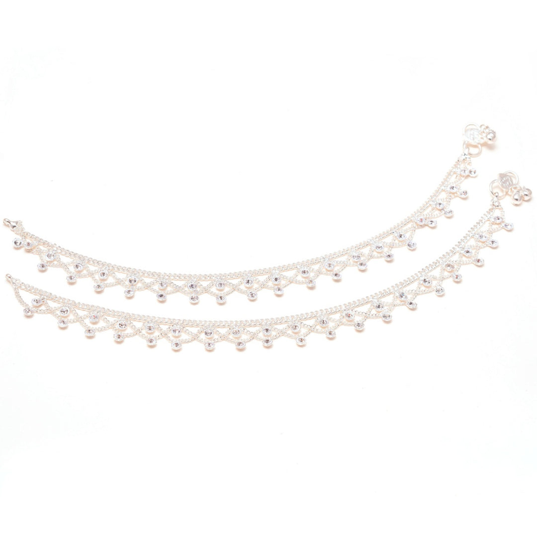 Silver Plated Ad Cz Stones Indian Anklet For Women