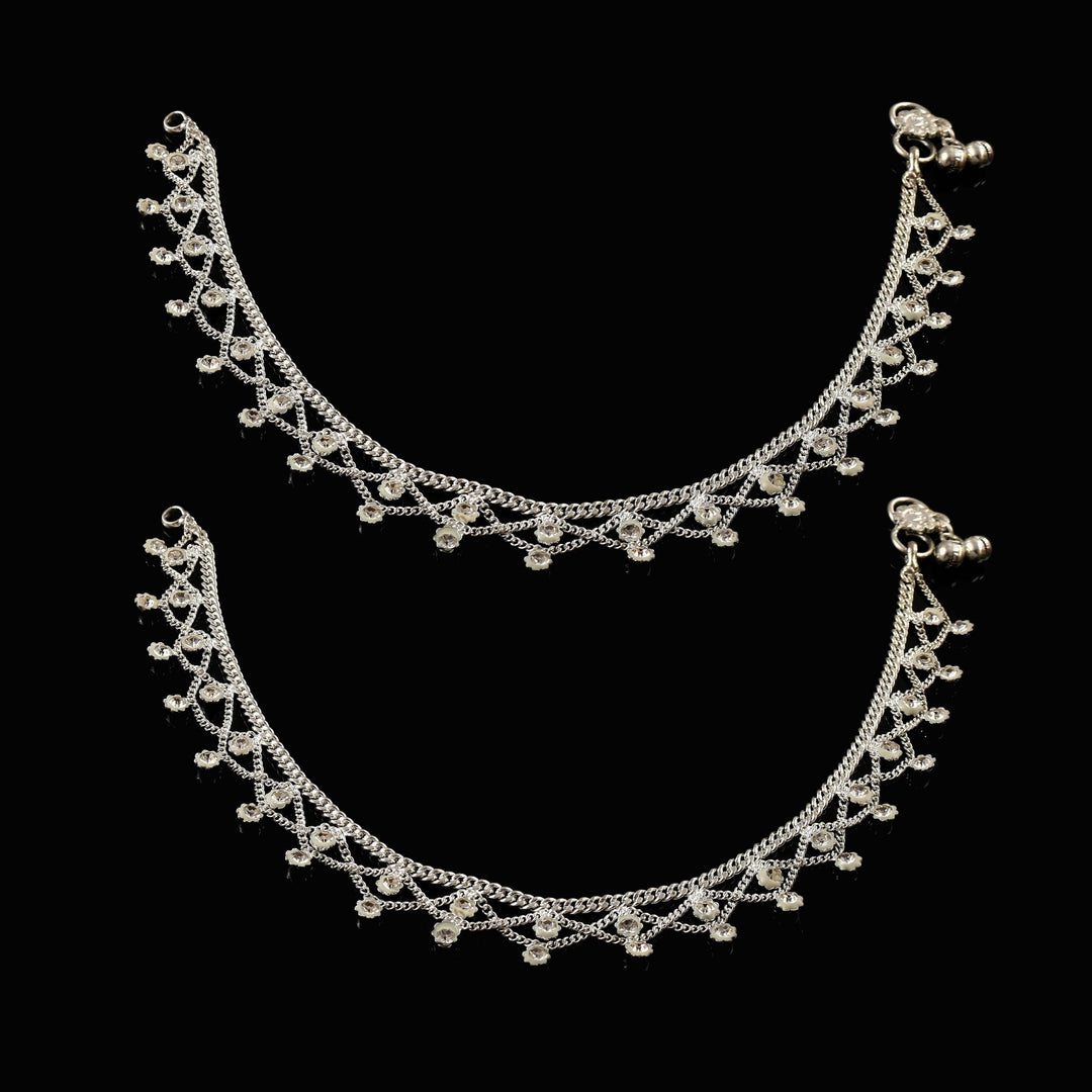 Silver Plated Ad Cz Stones Indian Anklet For Women