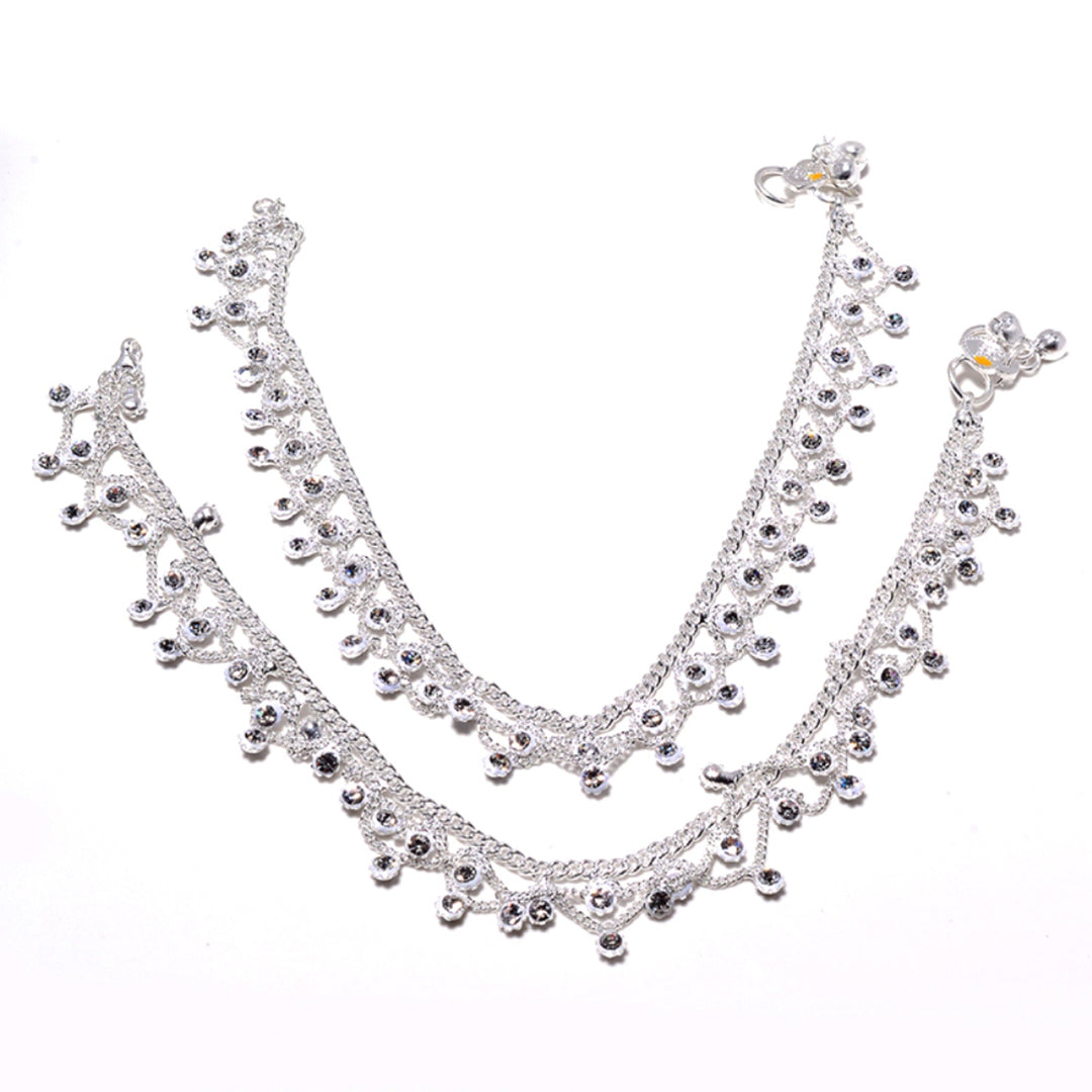 Silver Plated Ad Cz Stones Indian Anklet For Women