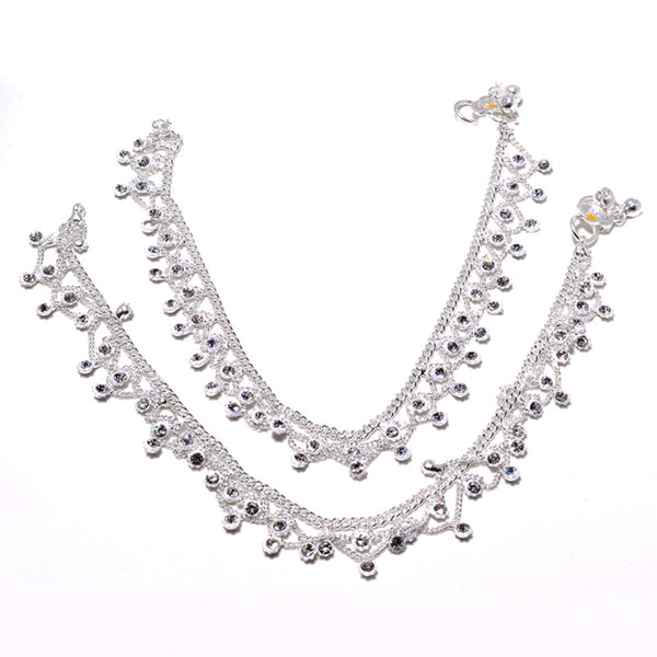 Silver Plated Ad Cz Stones Indian Anklet For Women