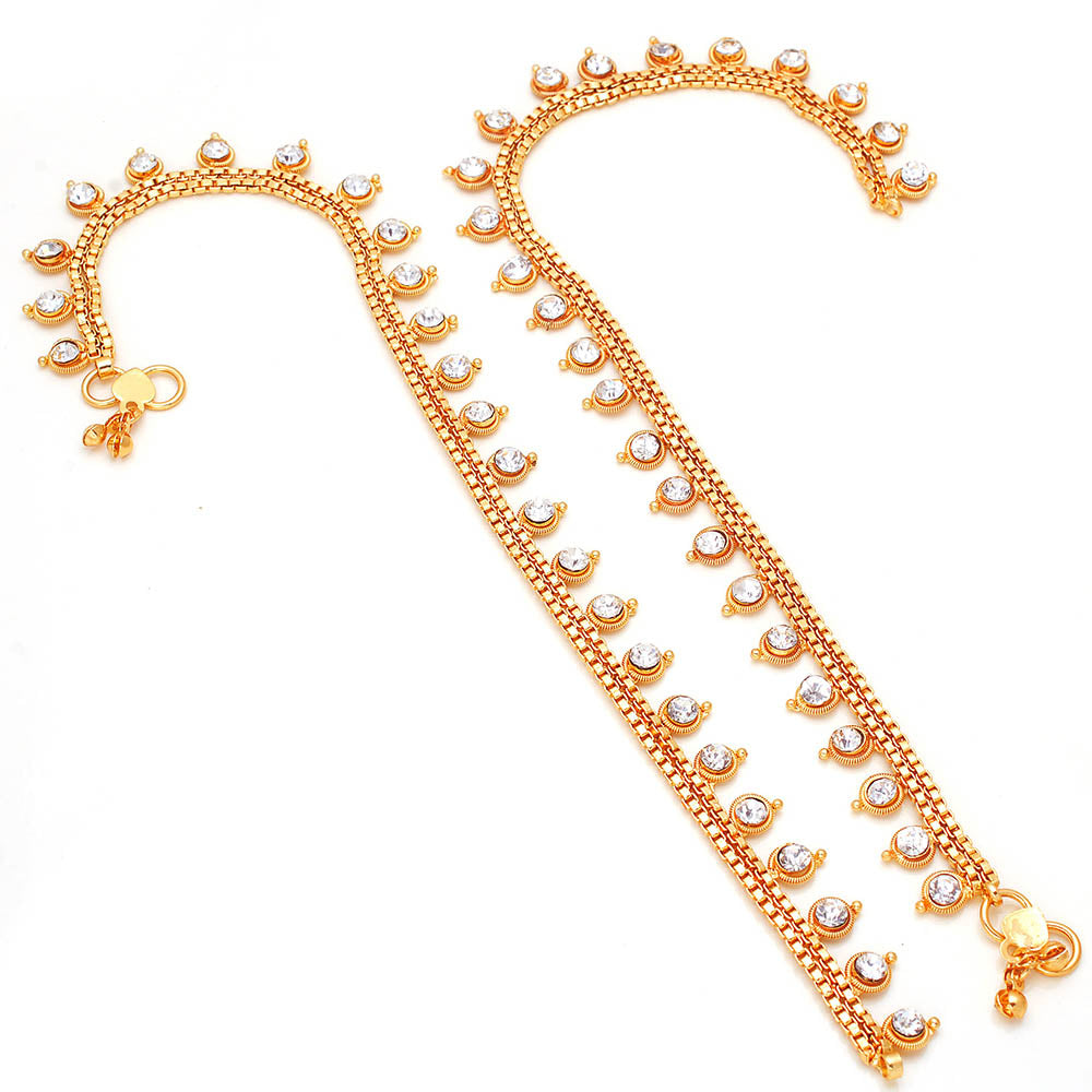 White Gold Plated Ad Cz White Stones Traditional Indian Anklet For Women