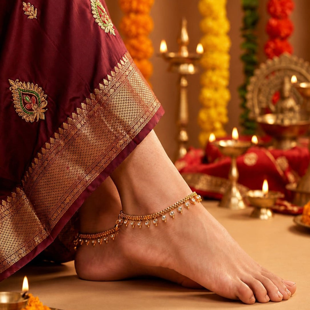 White Gold Plated Ad Cz White Stones Traditional Indian Anklet For Women