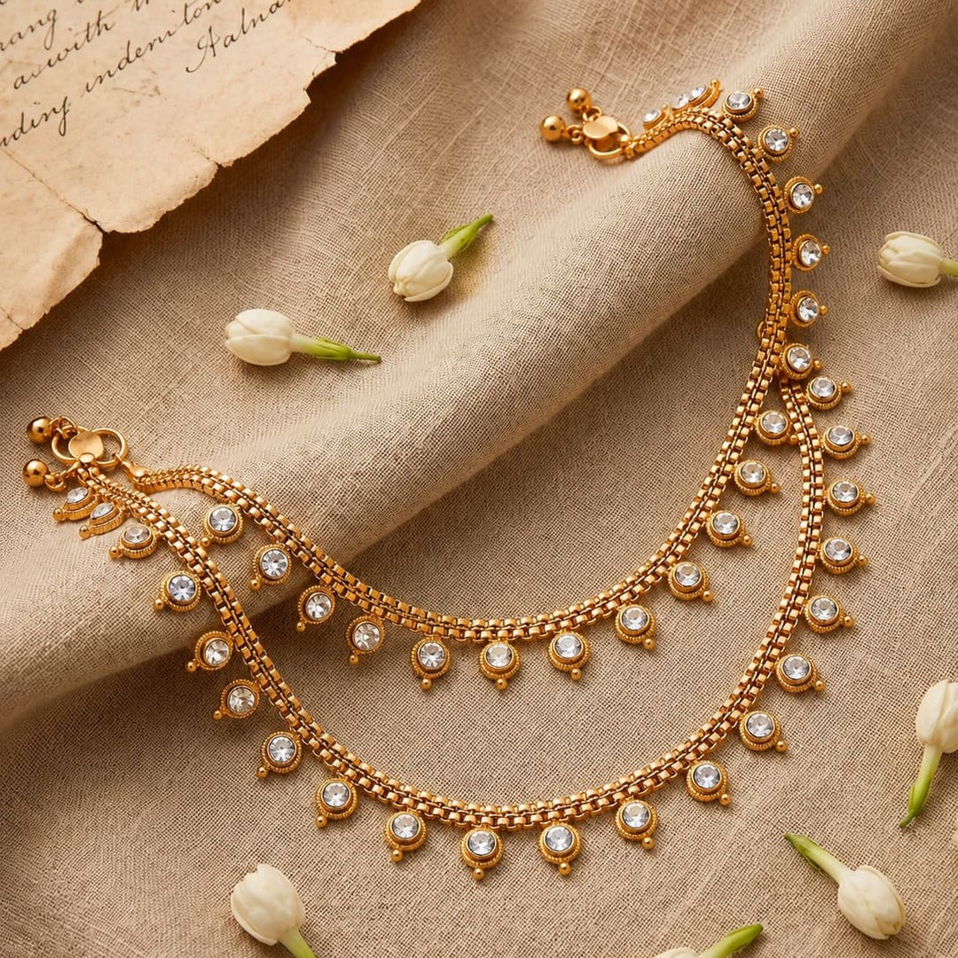 White Gold Plated Ad Cz White Stones Traditional Indian Anklet For Women
