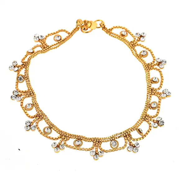 White Gold Plated Ad Cz White Stones Traditional Indian Anklet
