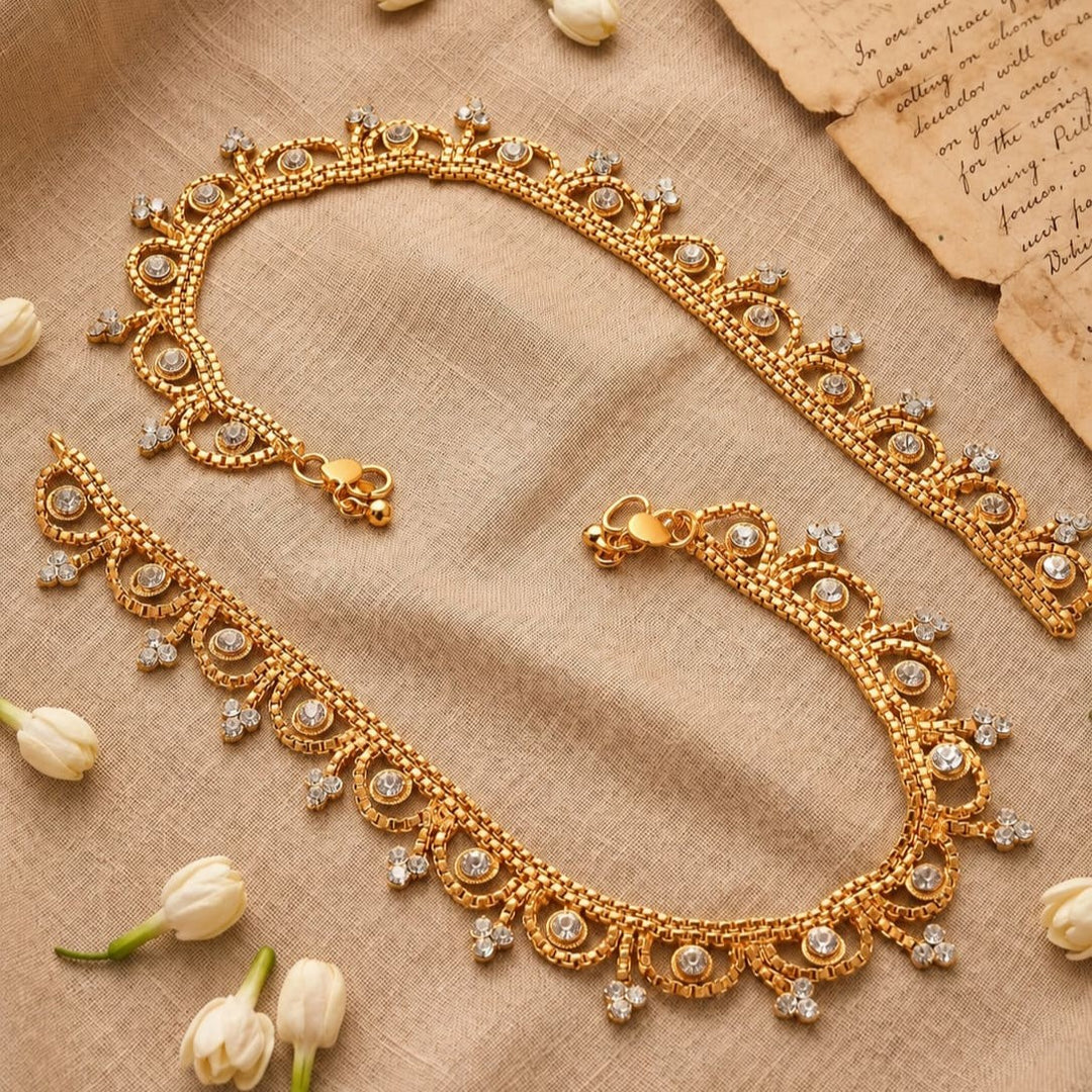 White Gold Plated Ad Cz White Stones Traditional Indian Anklet