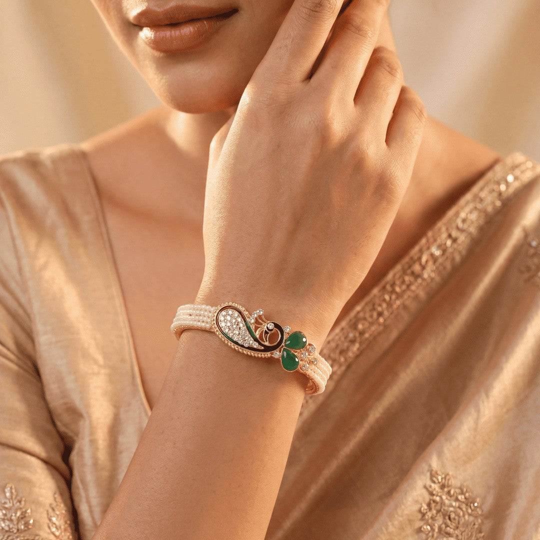 Traditional Gold Plated Pearl Beaded Peacock Bracelet for Women