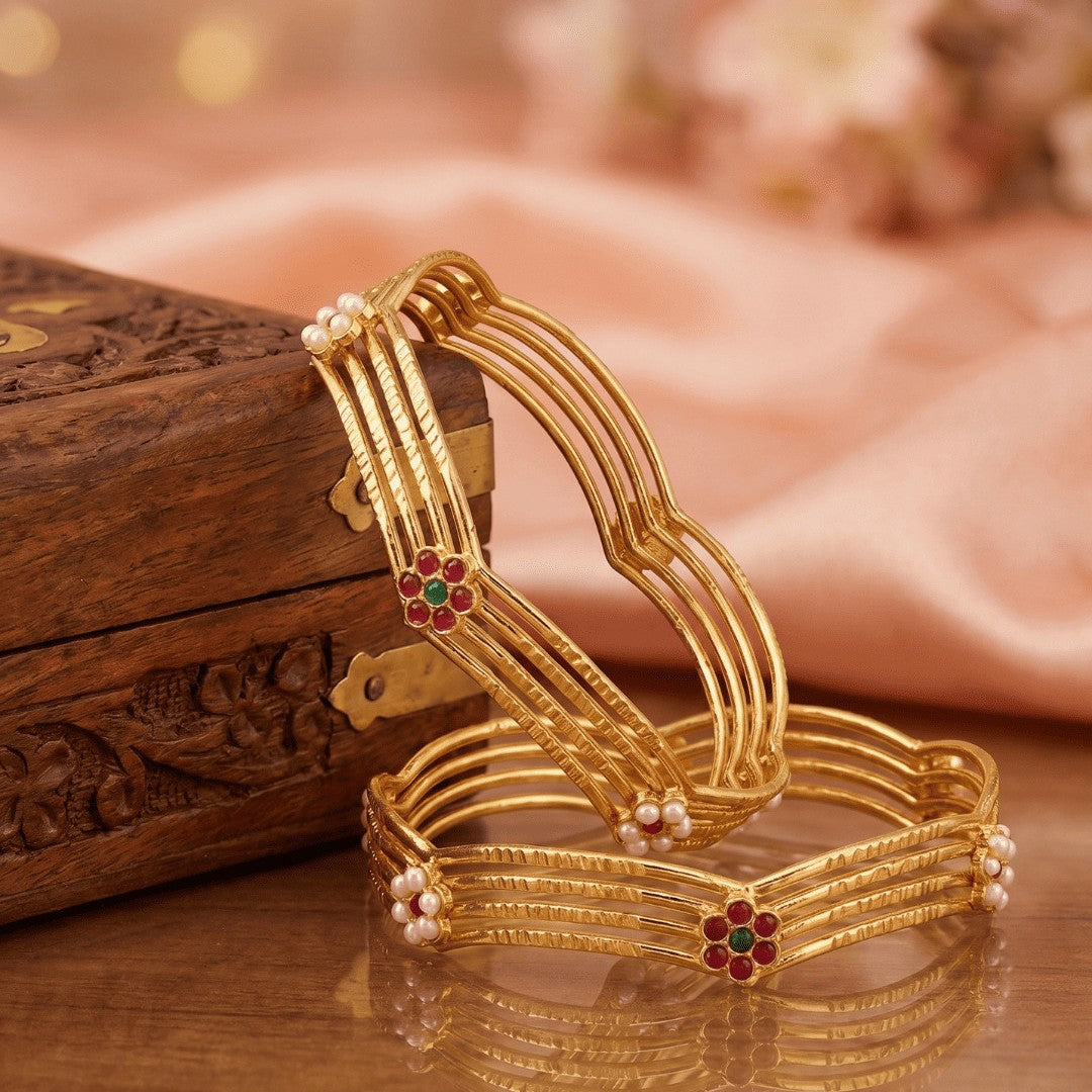 Set Of 2 Red & White Gold-Plated Stones & Beads Studded Bangle Set