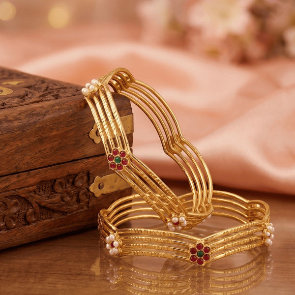Set Of 2 Red & White Gold-Plated Stones & Beads Studded Bangle Set