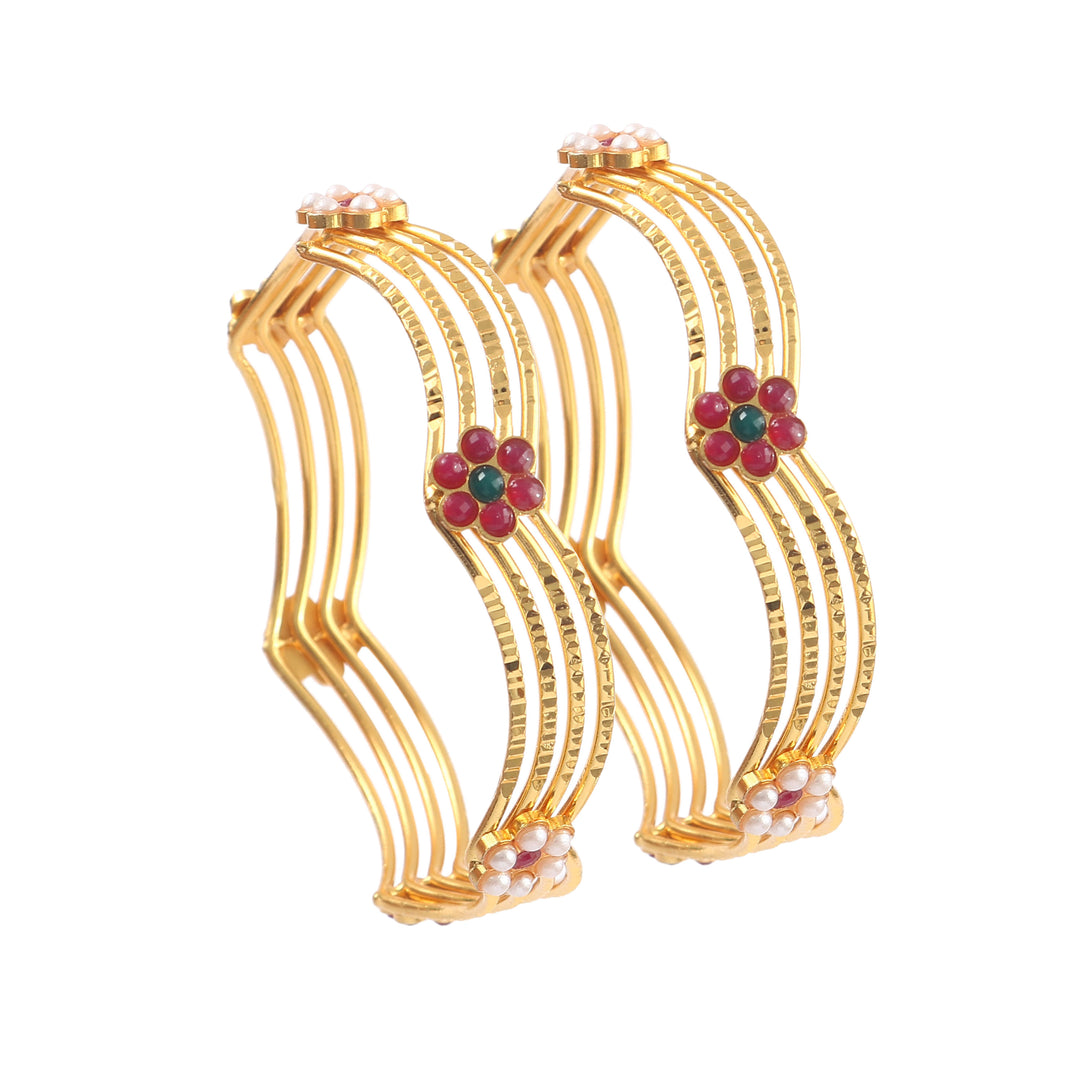 Set Of 2 Red & White Gold-Plated Stones & Beads Studded Bangle Set