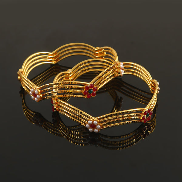 Set Of 2 Red & White Gold-Plated Stones & Beads Studded Bangle Set