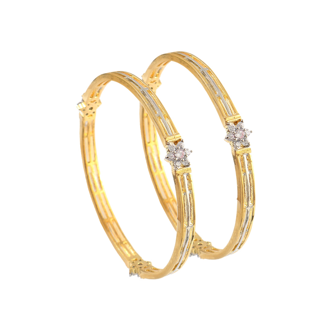 Set Of 2 Gold-Plated & Silver-Plated White Stone-Studded Bangles