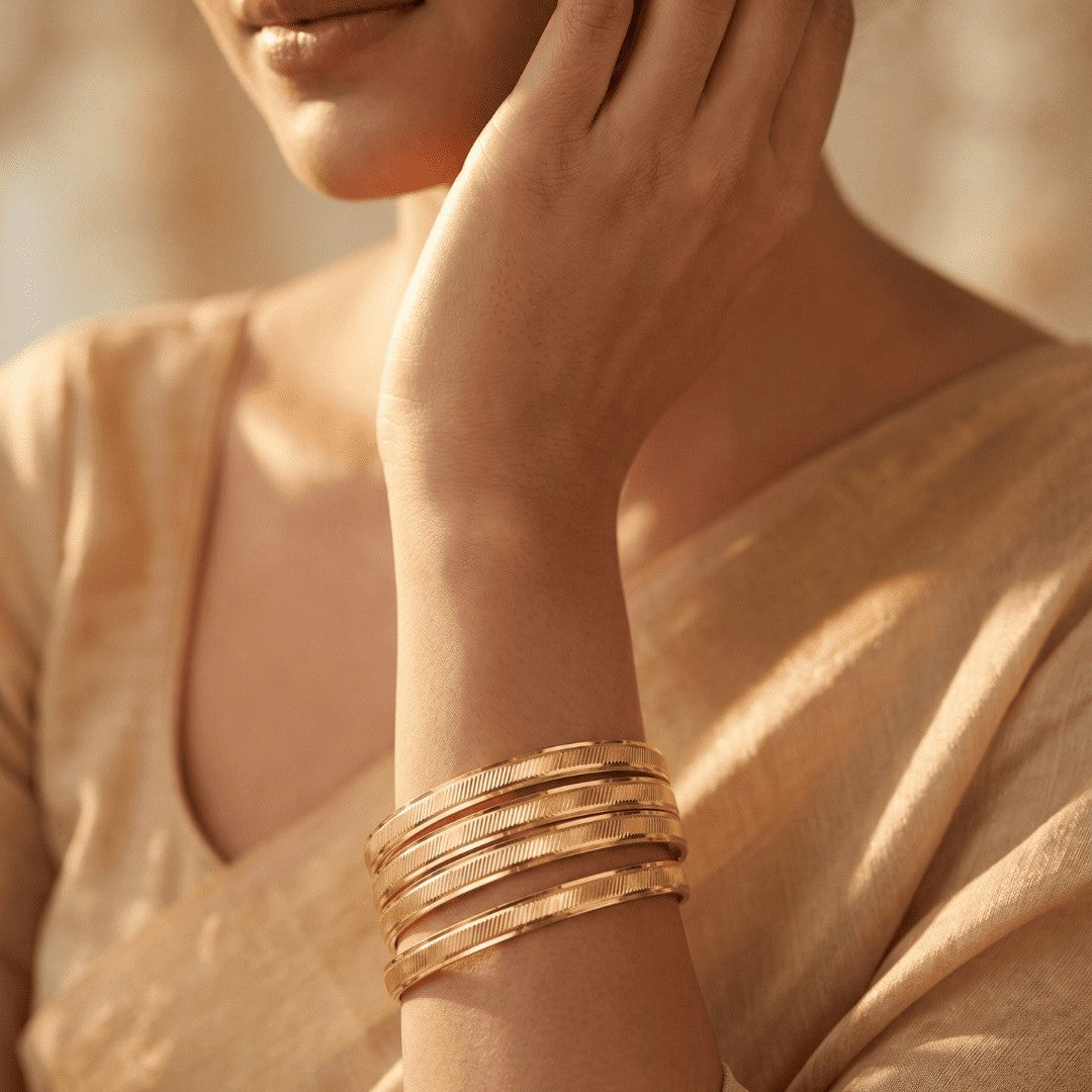 Set of 4 Gold-Plated Etching Work Bangles