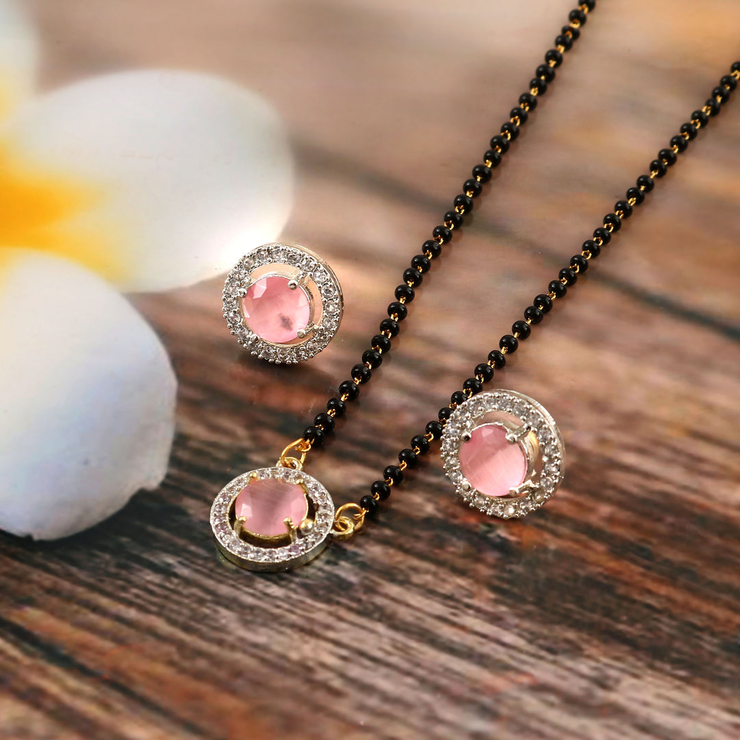 Two-Tone Silver Gold Plated American Diamond and Cubic Zirconia Studded Mangalsutra With Earrings