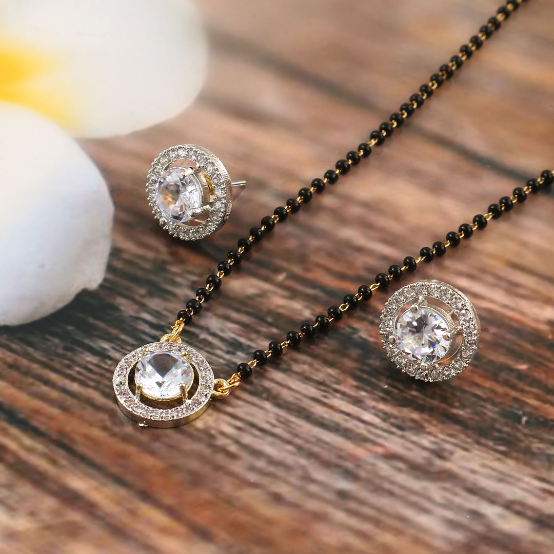 Two-Tone Silver Gold Plated American Diamond and Cubic Zirconia Studded Mangalsutra With Earrings