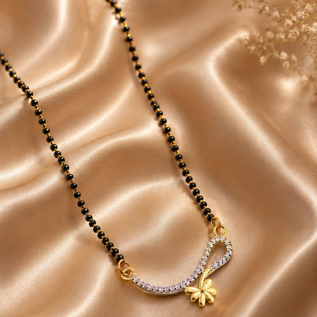 Silver & Gold Plated Black Crystal Beads Two-Tone Mangalsutra With Earrings For Women