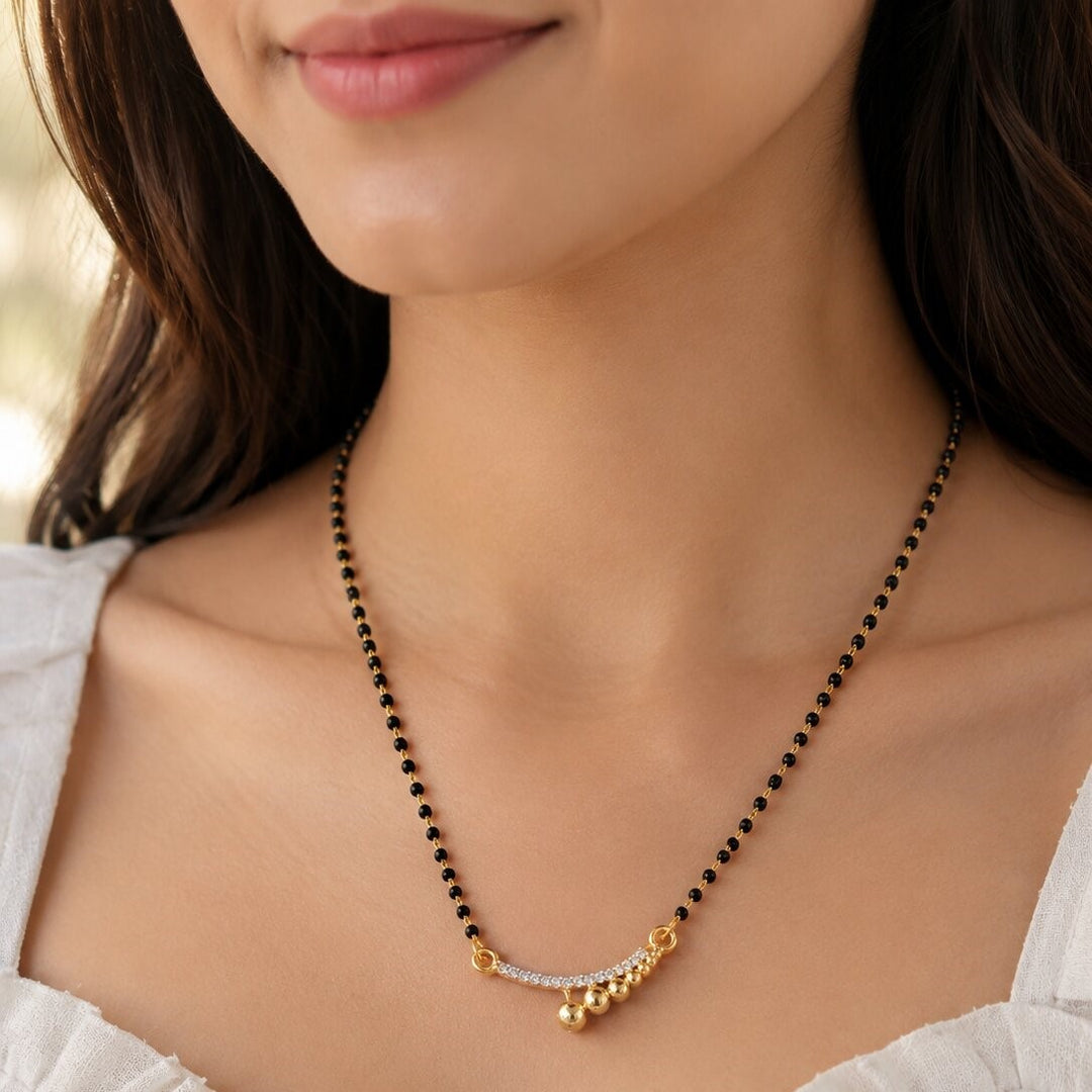 Silver & Gold Plated Black Crystal Beads Two-Tone Mangalsutra With Earrings For Women