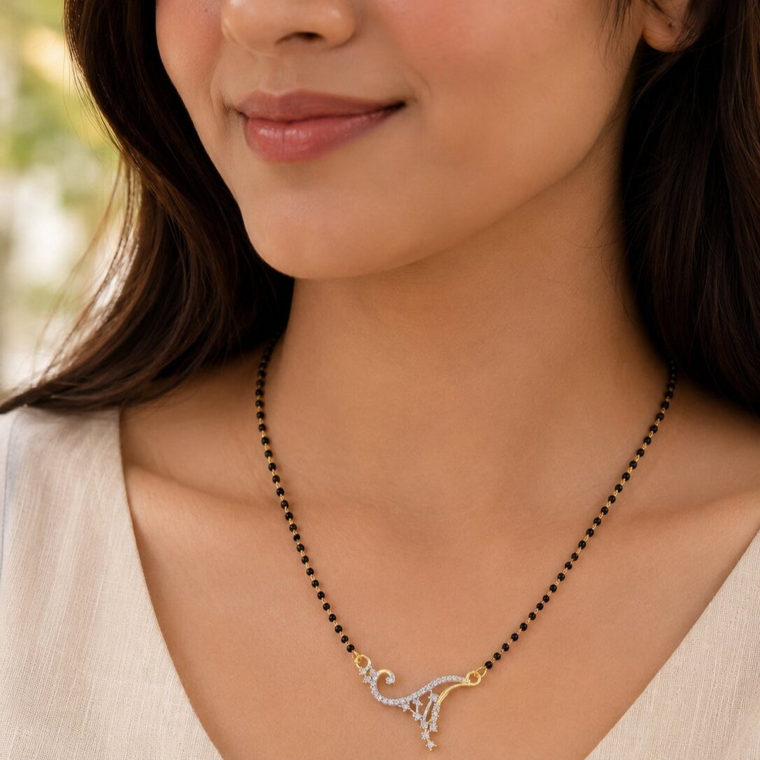 Silver & Gold Plated Black Crystal Beads Two-Tone Silver Gold Plated Mangalsutra With Earrings For Women