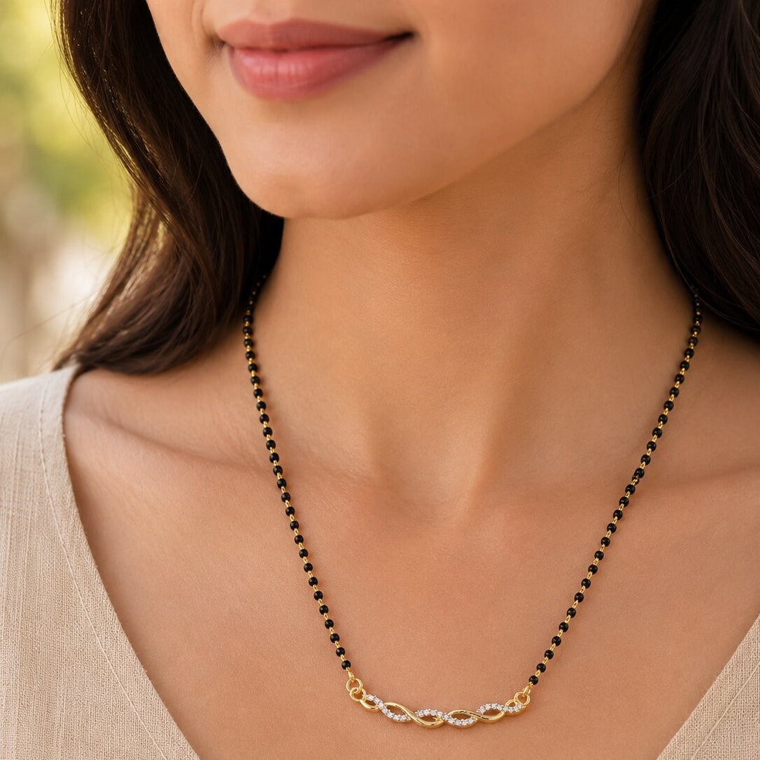 Silver & Gold Plated Black Crystal Beads Two-Tone Mangalsutra For Women