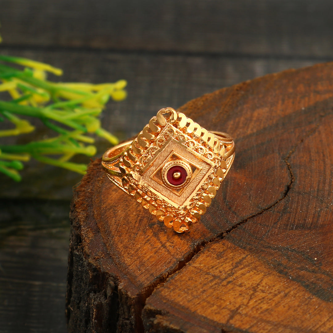 Traditional Gold-Plated Square Filigree Statement Ring with Red Stone