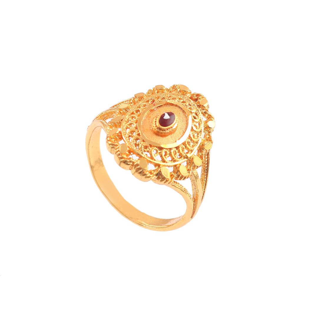 Traditional Gold-Plated Circle Filigree Statement Ring with Red Stone