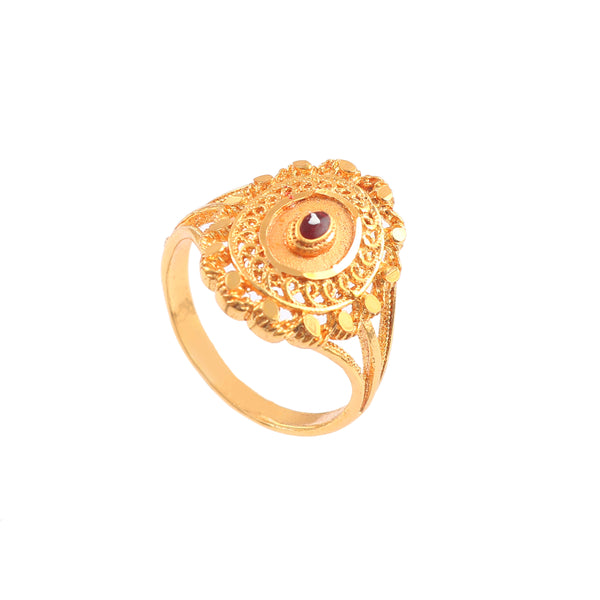 Traditional Gold-Plated Circle Filigree Statement Ring with Red Stone