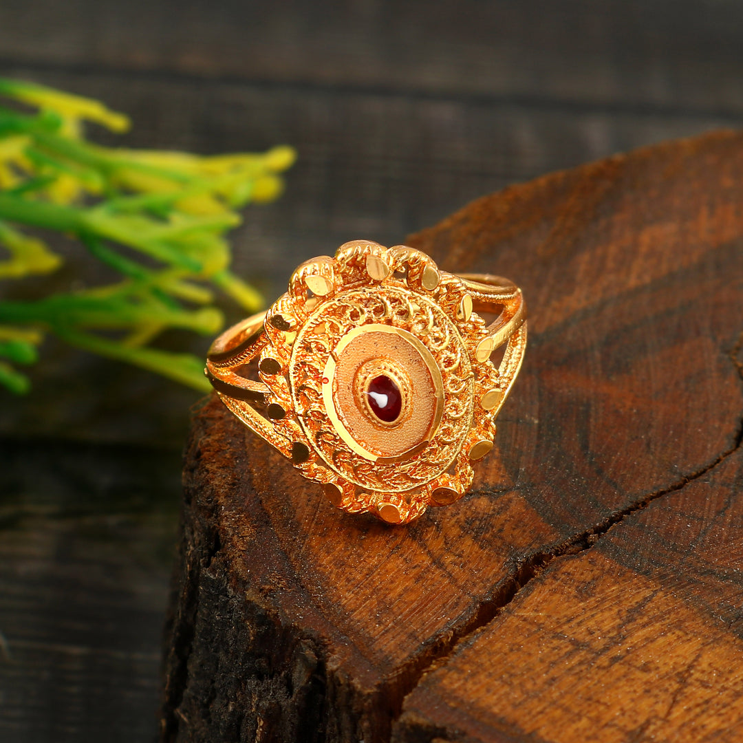 Traditional Gold-Plated Circle Filigree Statement Ring with Red Stone