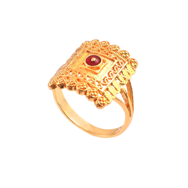 Traditional Gold-Plated Square Filigree Statement Ring with Red Stone