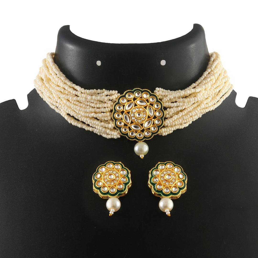 Gold-Plated Kundan-Studded & Beaded Jewellery Set
