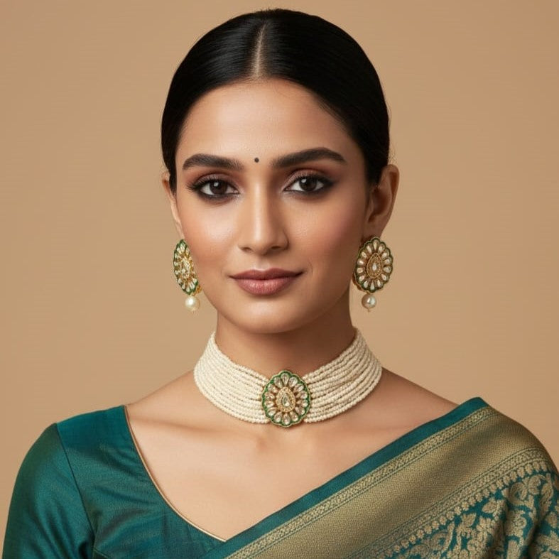 Gold-Plated Kundan-Studded & Beaded Jewellery Set