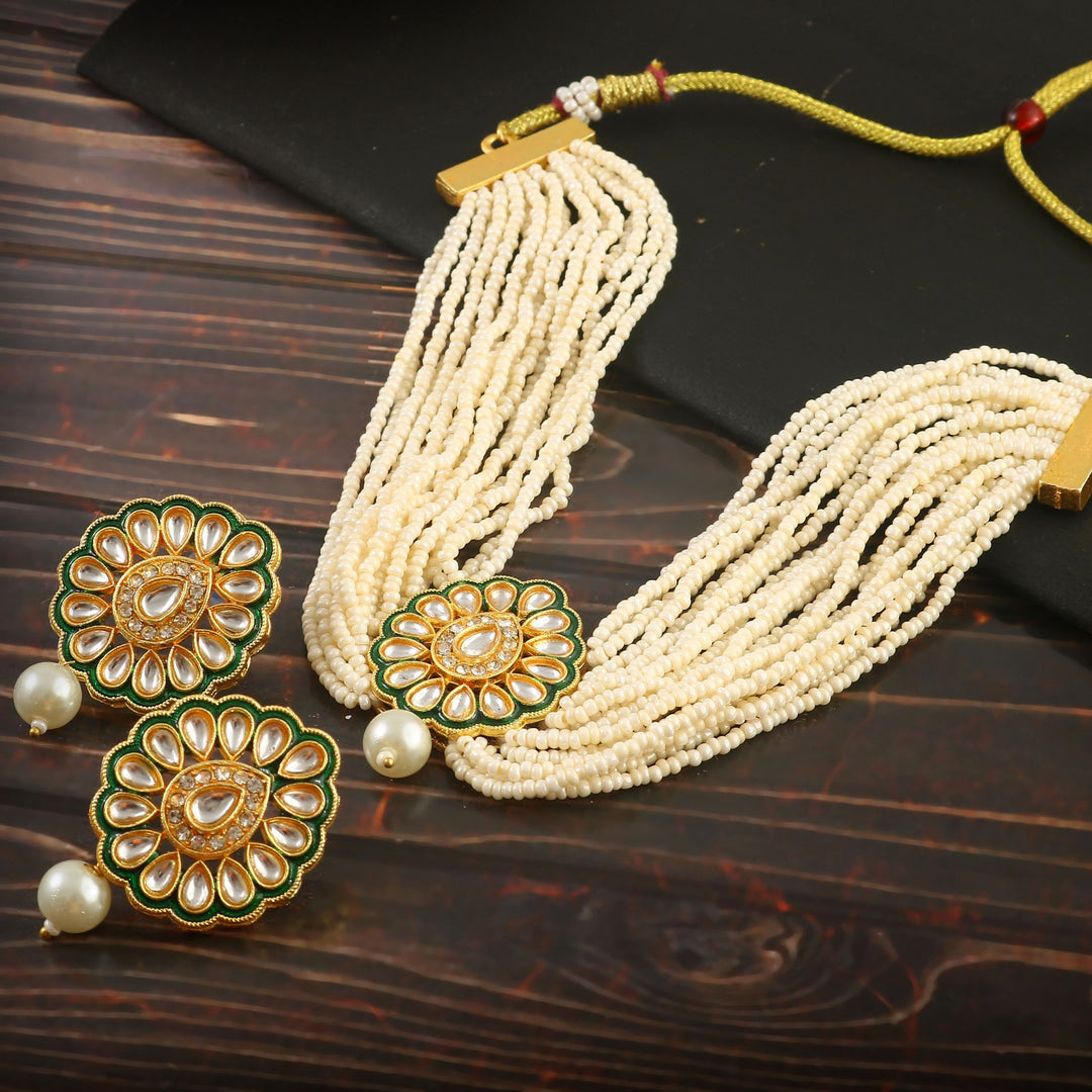 Gold-Plated Kundan-Studded & Beaded Jewellery Set