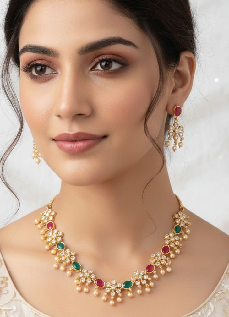 Gold-Plated Cubic Zirconia & American Diamond Studded Jewellery Set