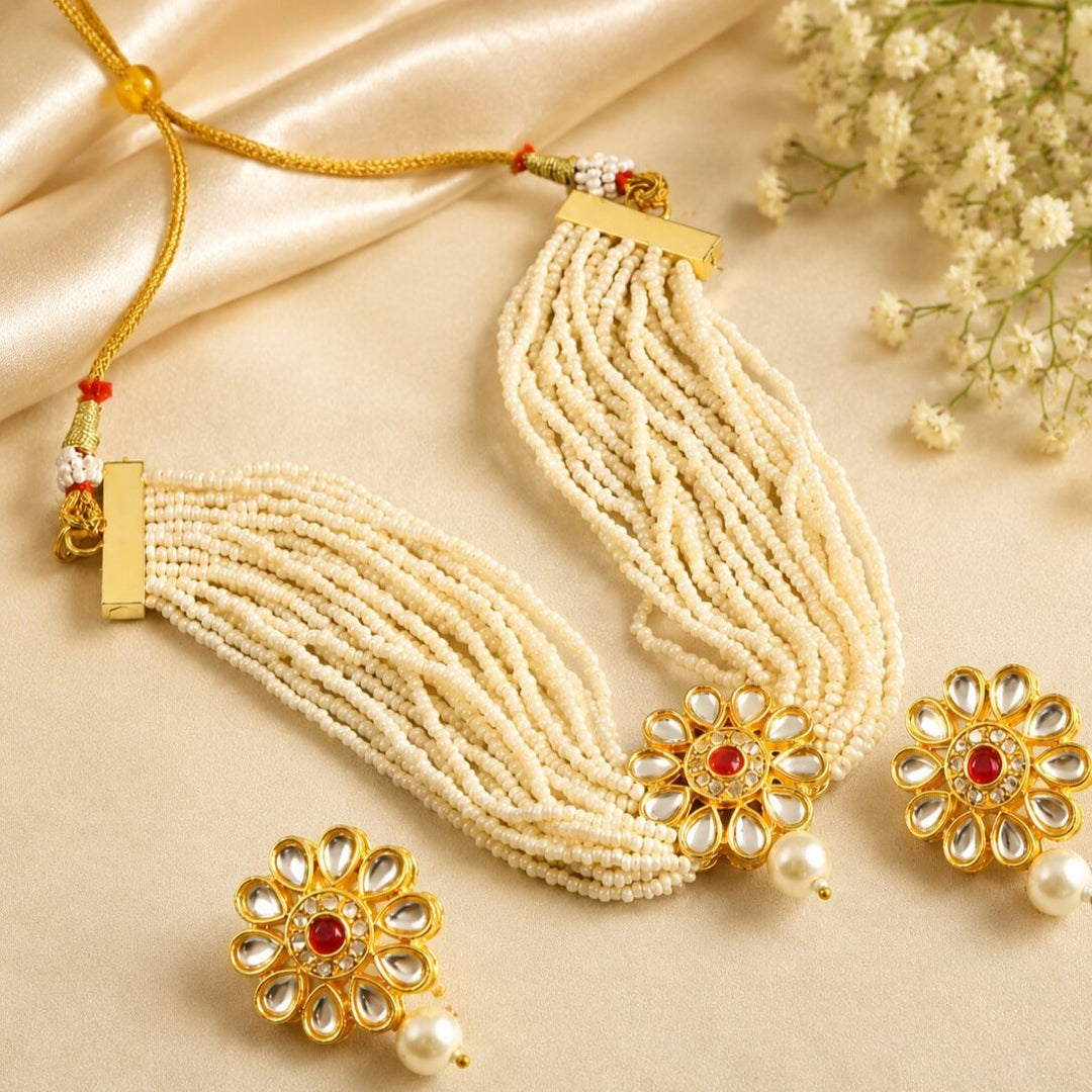 Gold-Plated Kundan-Studded & Beaded Jewellery Set