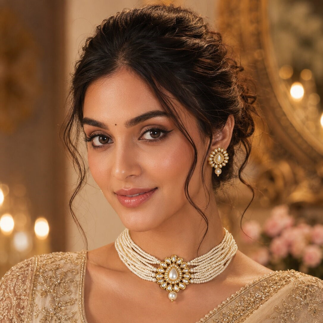 Gold-Plated Kundan-Studded & Beaded Jewellery Set