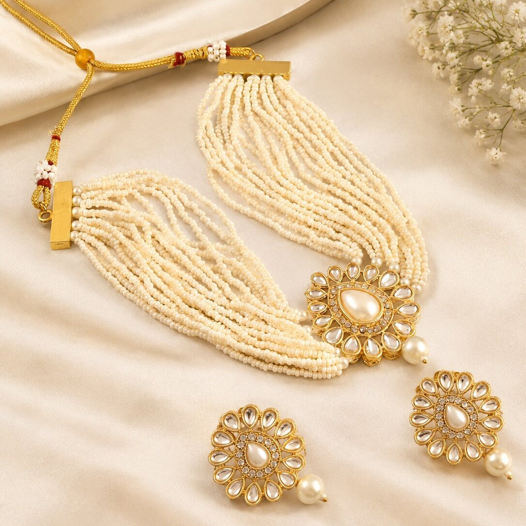 Gold-Plated Kundan-Studded & Beaded Jewellery Set