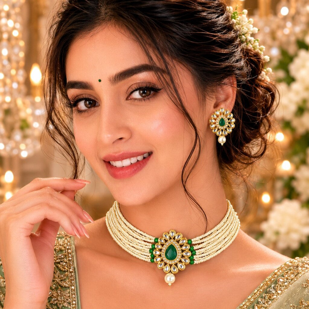 Gold-Plated Kundan-Studded & Beaded Jewellery Set
