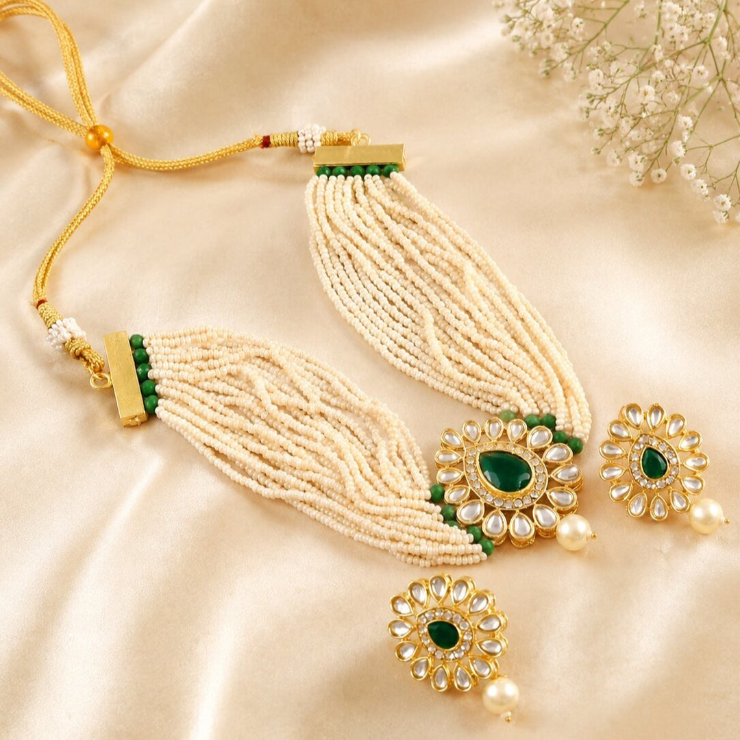 Gold-Plated Kundan-Studded & Beaded Jewellery Set