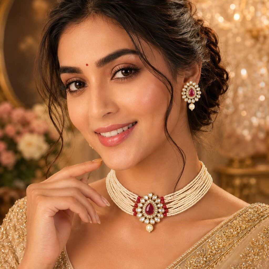 Gold-Plated Kundan-Studded & Beaded Jewellery Set