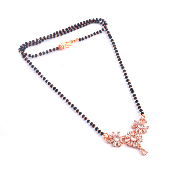 Rose Gold Floral Mangalsutra – Contemporary Triple-Flower Pendant with Black Bead Chain