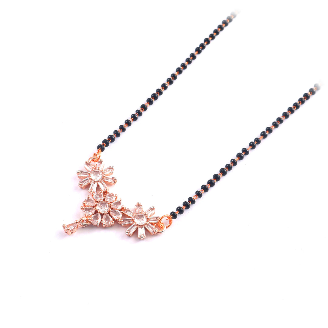Rose Gold Floral Mangalsutra – Contemporary Triple-Flower Pendant with Black Bead Chain