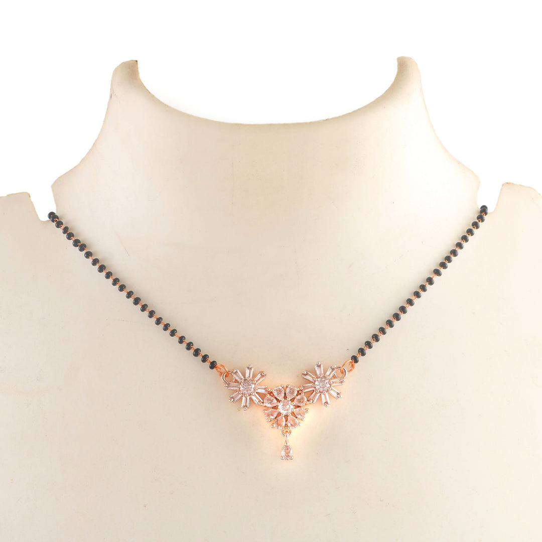 Rose Gold Floral Mangalsutra – Contemporary Triple-Flower Pendant with Black Bead Chain