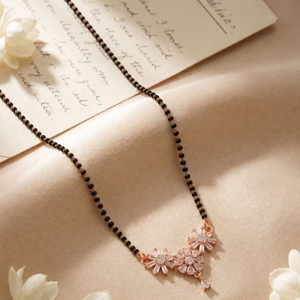 Rose Gold Floral Mangalsutra – Contemporary Triple-Flower Pendant with Black Bead Chain
