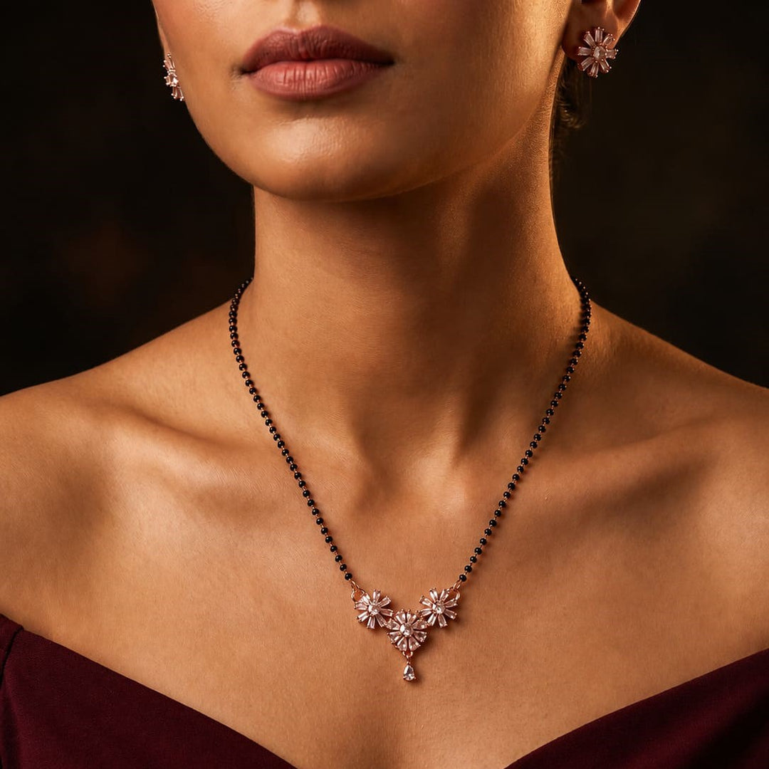 Rose Gold Floral Mangalsutra – Contemporary Triple-Flower Pendant with Black Bead Chain