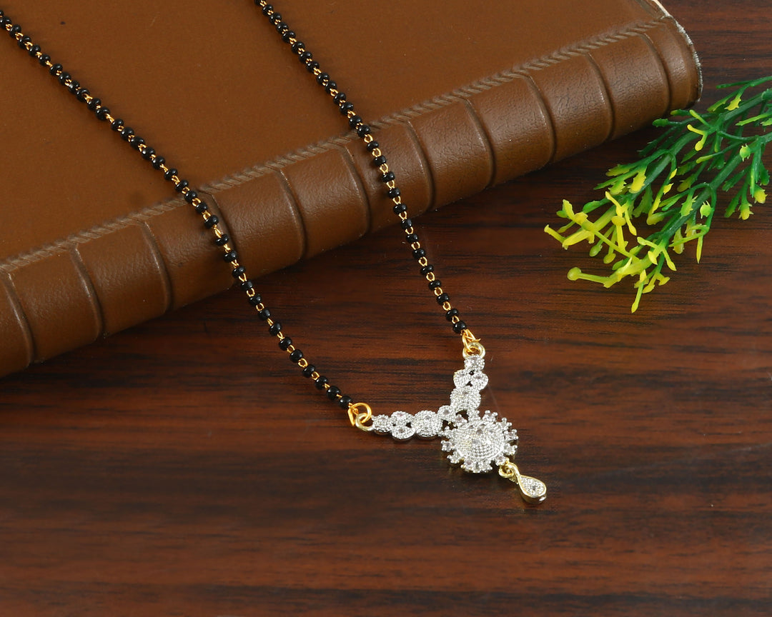 Silver-Plated Cubic Zirconia Studded & Beaded Mangalsutra