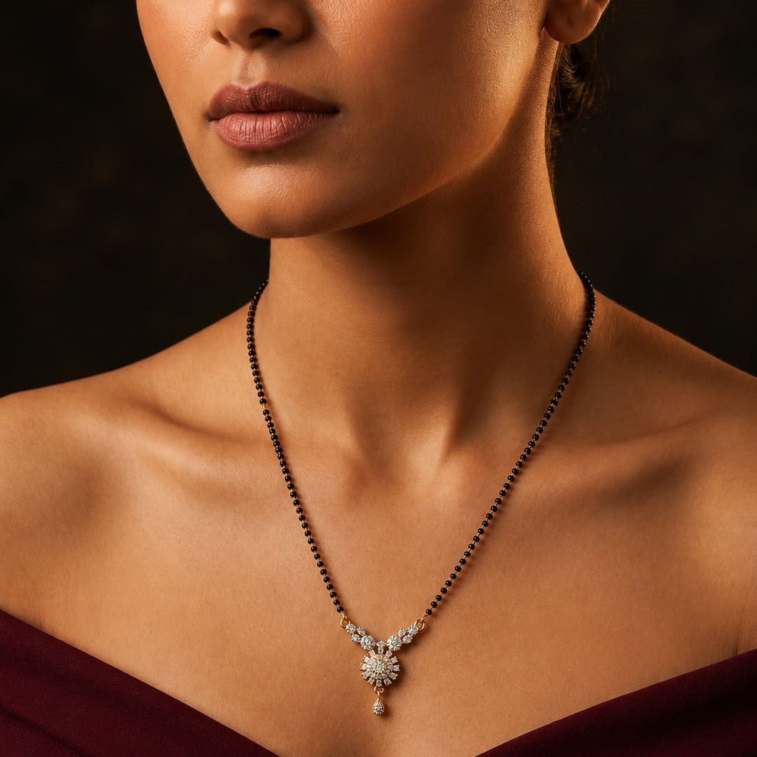 Silver-Plated Cubic Zirconia Studded & Beaded Mangalsutra
